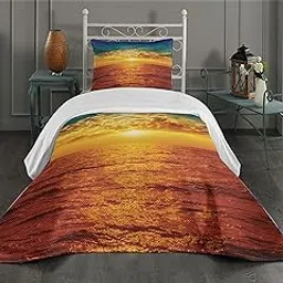 Ambesonne Ocean Coverlet, Sunset Clouds Exotic Seaside with Sun Rays Evening View Picture Print Art, 2 Piece Decorative Quilted Bedspread Set with 1 Pillow Sham, Twin Size, Beige Yellow-picture-25