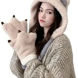 Fashion Nature™ Winter Cap Neck Scarf with Claw Gloves Set Fuzzy Hooded Woolen Beanie Hat for Women/Girl's-picture-10