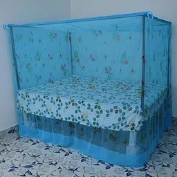RN Enterprise Cotton Mosquito Net with Elegant Floral Design, Colored Cotton Tape, and Designed Bottom - Available in King, Queen, Double Sizes (Sky Blue, Queen Size Bed (3 Person))-image-46