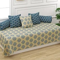 Trance Home Linen 200TC Diwan Set 100% Cotton 6 Pcs | Deewan Printed Bedsheet Set for Living Room Hall (1-Bed Sheet 54x88 Inch | 2-Bolster Cover 16x32 Inch | 3 Cushion Cover 16x16 Inch) - Damask Blue-picture-40