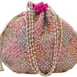 sunvika house Pearl Handle Vintage Floral Knitted Drawstring Potli Bag,Multicolour Pattern, Casual Style,Evening Wedding Party Festival Purse-picture-56