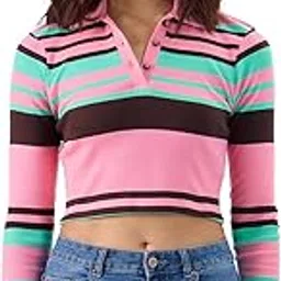 Carnation Rib-Knit Polo Women and Girls Long Sleeve Collared Neck Multicolor Striped Slim Fit Cotton Blend Cropped Polos-image-14