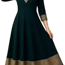 Women's Anarkali Dress, 3/4 Sleeves, Gold Border Pattern, Flared A-Line Design-picture-49