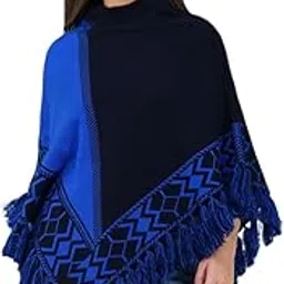 Women Royal Blue Poncho – Fringed Cape with Tribal Design-image-85