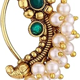 vivastri fashion jewellery Vivastri Gold Plated Green Pearls (Moti) with CZ stone Alloy Maharashtrian Cultural Nath Nathiya/Nose Pin for women[VIVA1256NTH-PRESS-GREEN]-picture-11