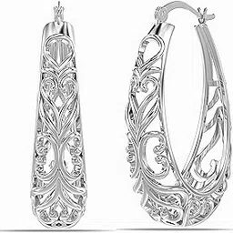 lecalla 925 Sterling Silver Hoop Earrings | BIS Hallmarked Women's 925 Silver Filigree Earring Hoops | Medium Oval Hoops for Women-picture-22