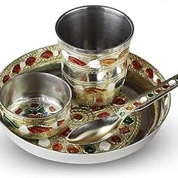 GUG Laddu Gopal ji ke Bartan/Pooja bhog thali Small 4 pcs set Multicolor Bhog Thali with Glass Bowl and Spoon Stainless Steel-picture-17