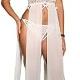 Tinera Trends Womens Polyester Lace Robe – Sheer Nightwear | Regular Fit Elegant Solid Pattern | Comfortable Lightweight Fabric for Loungewear, Nightwear (M - White)-image-28