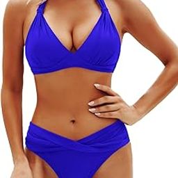 yonique Women Two Piece Bathing Suits Push Up Bikini Set Halter Swimsuit Vintage Swimwear, Royal Blue, XL-picture-16