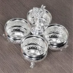 German Silver 4 Cup Haldi Kumkum Bowl, Panchwala Cup with Peacock Handle, 650GM, for Pooja Thali-picture-16