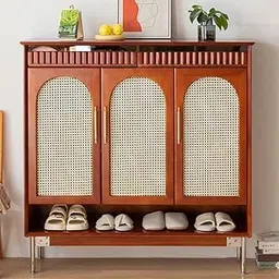 Modern Vintage Rattan Cabinet with Shoe Storage, 3 Cane Doors, Wooden Frame and Metal Legs, Nut-Brown Finish, Freestanding Entryway Organizer for Shoes-picture-12