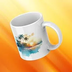 Tropical Paradise Coffee Mug, Ceramic White with Beach Palm Tree Watercolor Design, Decorative Drinkware image 1