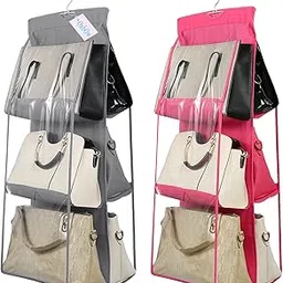 granth bag manufacturing india GBMI 2 Pcs Combo Oxbow 6 Pocket Bag Organiser for Wardrobe Purse Clutch Handbag Storage Organizer Bags Holder with Hanger, Ladies, Women, 90 X 35 X 35 Cm (Grey + Pink)-picture-52