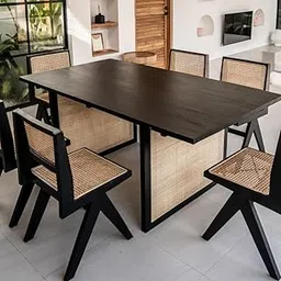 SMAART CRAAFTS 6 Seater Rattan Dining Set | Dining Table and 6 Chair for Living Room | | Pure Acacia Wood, Black Matt Finish | Dining Set for Hotel, Cafes and Restaurant |-picture-21
