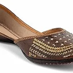 korakari Women's Traditional Ethnic Sienna Punjabi Jutti, Leather Flat Comfortable Mojaris for Girls (Size: UK3, Brown)-picture-12