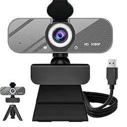 1080P HD Webcam with Built-in Microphone, Rotatable Tripod, Wide-Angle Lens,Privacy Cover, Auto Light Correction, Plug & Play USB-A Webcam for Laptop, Desktop, PC, Streaming-Gray-image-5