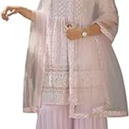 digiline Womens Pink Georgette Emboridered Half Sleeve Round Neck Kurta Sharara Set With Dupatta | Wedding Sharara Suits Set For Women-picture-15