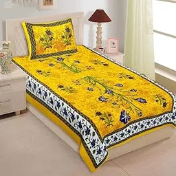 Floral Print Cotton Single Bedsheet Set with Pillow Cover, Yellow and Blue Traditional Design, Bedroom Decor-image-5