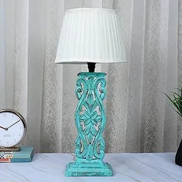 tu casa Mangowood Rustic Aqua French Table Lamp for Home Decoration, Bedroom, Living Room, Lounge, Office, Festival Gifting, Study Table (Off White with Satin Shade) H - 21" / No Blub-image-11