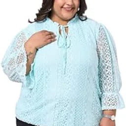Womens Self Design Tie-Up Neck Puff Sleeves Lace Cotton Plus Size Top-image-75