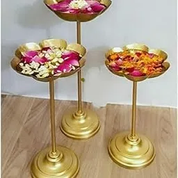 Maaz Metals Place of URLI Unique Set of 3 Urli Bowl tealight Holder Stand Diwali Home puja Decor Traditional Indian Brass Decorative Bowl for Home | Ideal for Floating Flowers (Taj Stand Set),-picture-10