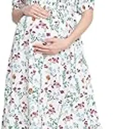 Polished White Floral Print Ruffled Maternity Smokced Dress-image-0