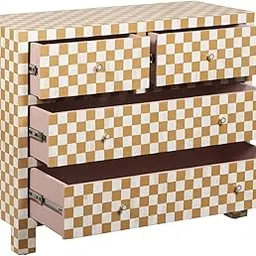 Rukeya Art | Handcrafted Blue Floral Bone Inlay Chest of Drawers | 4-Drawer Storage Dresser with Decorative Detailing (Mustard Yellow)-picture-16