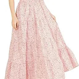 brownverse Floral Print Cotton Maxi Skirt, Full Length, Pink with Elastic Waist-picture-13