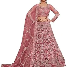 zeel clothing Women Net Lehenga Choli Semi-Stitched Rose Pink Free Size-picture-52