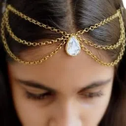 pretty ponytails Kundan Matha Patti Maang Tikka Boho Contemporary simple Hair Jewelry for wedding sangeet or mehendi for girls or women image 1