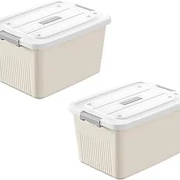 Ash & Roh Multipurpose Plastic Storage Container with Lockable Lid & Wheels, Stackable Clear Organizer Bin for Clothes, Toys, Office & Garage Storage (pack of 2, 1 num cream)-picture-32