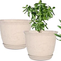 Eha Earth-Friendly 12" Leafy Planters with Tray | Set of 2 | Bamboo Fiber | UV Protected | Drainage Hole | Pots for Indoor, Outdoor, Balcony & Garden | Sand Castle-picture-26