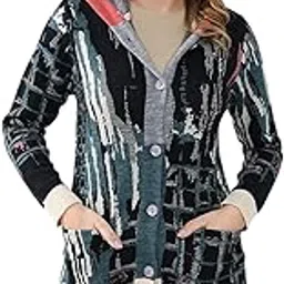 Women's Regular Fit Winter Cardigan | Printed Hooded Neck | Full Sleeve Button Closure Stylish Cardigan for Women's-image-37