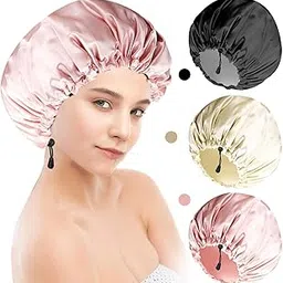 Shower Cap For Women Men 3PCS Shower Caps For Women Waterproof Extra Large Shower Cap Big Lined Rbersea Jumbo Reusable Shower Cap Long Hair Bonnet Set For Kids With Black Gold Pink Bath Cap Adjustable-picture-12