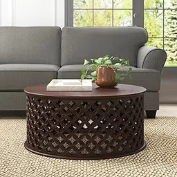 Brown Round Coffee Table, Modern Geometric Lattice Design, Hand-Carved Solid Wood Center Table for Living Room, Contemporary Accent Furniture with Decorative Pattern-image-85