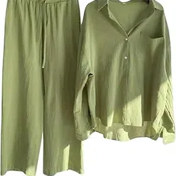device of curfi Casual Retro Shirt Free Size Cotton Button High Waist Loose Pocket Long Pants Suit for Women-picture-32
