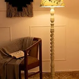 Green Girgit Wooden Olive Color Floor Lamp with Taper Green Multicolor Lamp Shade, Decorative Floor Lamp with Spiral Stand, Tropical Print Shade, Olive Colour Base (LED Bulb Included)-image-19