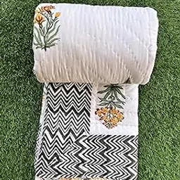 SIBLEY Pure Cotton Razai Double Bed Blanket Hand Block Printed Quilts Export Quality Stitching - Yellow (Size 90X108 INCHES)-picture-36