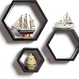 Wall Mounted Matte Black MDF Hexagon Shape Shelves | Fiber Wall Rack Wall Shelf for Home Decor, Living Room, Wall Decor | Wooden Wall Shelves for Wall Decor Set of 3 image 1