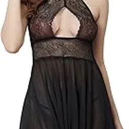 Women's Lace Above Knee Baby Doll Dress/Nightwear Lingerie with Gloves - Black-image-2