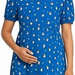 Maternity Empire Waist Dress, Royal Blue with Penguin and Stars Print, Short Puff Sleeves, Casual Pregnancy Maternity Feeding Night Wear-image-0