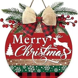 Deroro Merry Christmas Tree Deer Front Door Sign, Xmas Holiday Snowflake Plaid Wood Door Hanger Outdoor Outside Porch Decor, Farmhouse Wooden Wreath with Bow Red Berry Indoor Wall Hanging Decoration-picture-33