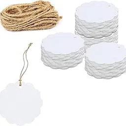 Mudrit White Plain Paper Tags, Handmade Gift Tags 3” Round Labels with Jute Twine,Scalloped Shaped, Perfect for Arts and Crafts, DIY, Wedding Party Favor - (Pack of 200) image 1