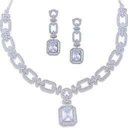 iksava Silver Plated Chandelier Design American Diamond/CZ Princess Cut Necklace Set for Women American Diamond Bridal Jewellry Set with Earrings/Statement Bridal Jewellry. image 1