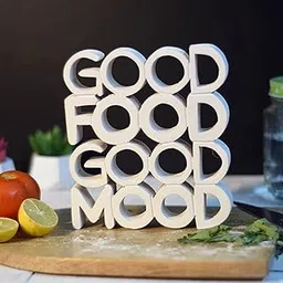 NUKKAD TALES Engineered Wood Good Food Good Mood White Quirky Showpiece for Living Room, Book Shelf Decor, Gift for Chef and Foodies (6 X 6.60 Inch, Fantasy)-image-11