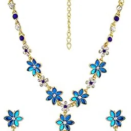 Gehena Gold Plated Royal Blue Leaf Stone With Austrian Diamond Floral Necklace With Earrings For Women-image-22