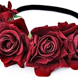 dreamlily Rose Flower Crown Wedding Festival Headband Hair Garland Wedding Headpiece (1-Burgundy)-picture-39