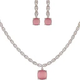 ratnavali jewels Brass Silver Plated American Diamond Cubic Zirconia Studded Pendant Drop Necklace Jewellery Set With Dangler Earrrings For Women/Girls-picture-23