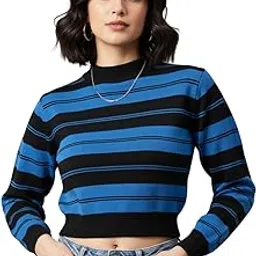 Striped Mock Neck Crop Sweater, Blue and Black, Long Sleeve Knit Top, Casual Style-picture-23