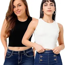 algrowd Algrow Top for Women | Spandex Crop Tops | Black White Beige Grey | Short | Western | Pack of 2 Combo-picture-27